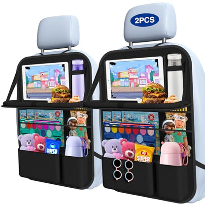 Car Backseat Organizer with Table Tray(2-Pack) 9 Storage Pockets Backseat Car Organizer and storage with Tablet Holder, Kick Mats Back Seat Cover for Kids family Road Trip Essentials Travel - style: 2 Pack with Food Tray-Black