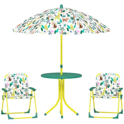 Qaba Kids Picnic Table and Chair Set, Outdoor Activity Table with Foldable Chairs, Removable Umbrella, Monkey and Giraffe Pattern Toddler Patio Furniture for Backyard, Garden, Green