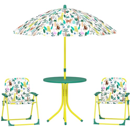 Qaba Kids Picnic Table and Chair Set, Outdoor Activity Table with Foldable Chairs, Removable Umbrella, Monkey and Giraffe Pattern Toddler Patio Furniture for Backyard, Garden, Green