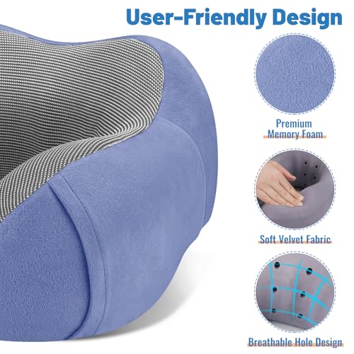 CloudBliss Travel Pillow for Airplane, Memory Foam Neck Pillow for Travel, Compact Flight Pillow with Eye Mask, Earplugs, Carry Bag, Travel Neck Pillow for Long Flight Sleep, Plane Accessories, Blue - color: Blue