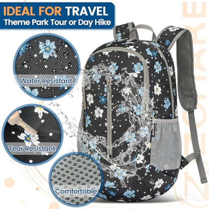 ZOMAKE Ultra Lightweight Packable Backpack 25L - Foldable Hiking Backpacks Water Resistant Small Folding Daypack for Travel(Black,Floral pattern) - color: Black,floral Pattern