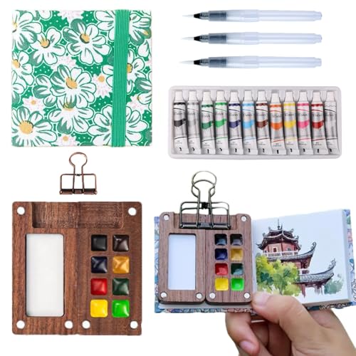 Aimery Mini Watercolor Paint Travel Set, Portable Pocket Size Water Color Painting Kit with Wooden Palette, Refillable Brush & Sketchbook(Green Daisy) – Gift for Birthdays, Beginners, Art Lovers - style: Green Daisy