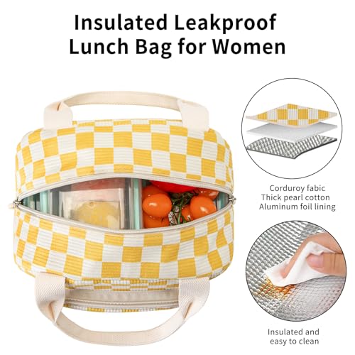 Lunch Bag Women Lunch Box for Women Adult Cute Insulated Lunch Bag Small Cooler Lunch Tote Bags for Work Picnic Travel (Beige-Yellow Plaid) - color: Beige-Yellow Plaid
