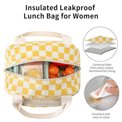 Lunch Bag Women Lunch Box for Women Adult Cute Insulated Lunch Bag Small Cooler Lunch Tote Bags for Work Picnic Travel (Beige-Yellow Plaid) - color: Beige-Yellow Plaid