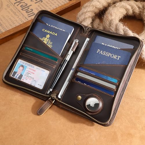 Polare Full Grain Leather Passport Holder Cover Case for Men and Women RFID Blocking Family Travel Wallet Holds 6 Passports - color: Dark Brown with AirTag Slot