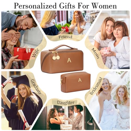Birthday Gifts for Women Teen Girl, Personalized Initial Makeup Organizer Bag Set, Open Flat Travel Cosmetic Bag With Clear Divider and Handle(Brown,A) - color: Brown, style: A