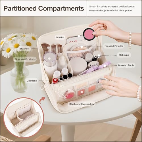 Abiudeng Standing Travel Makeup Bag Stand up Make up Bag Travel Toiletry Bag with Multiple Compartments Large Capacity for Women Business Trips Fitness and Daily Commutes (White) - color: White