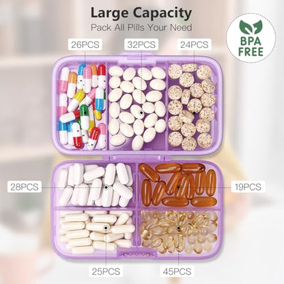 FYY Weekly Pill Organizer with Labels,8 Compartments Travel Daily Pill Case Airtight Moistureproof Large Pill Box to Hold Vitamins, Fish Oil, Supplements,Cotton Swab and Bandages-Purple - color: Purple