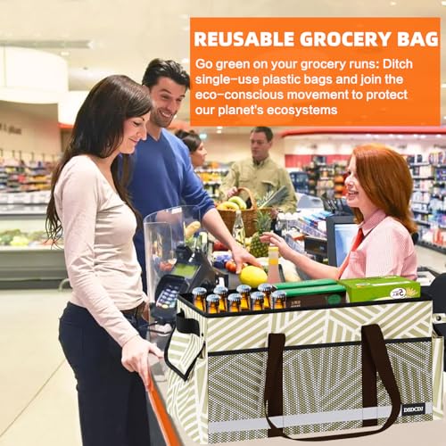 Extra Large Utility Tote Bag with Reflective Strip, Standing Reusable Grocery Bags with Hard Bottom, Collapsible Utility Tote with Handles for Shopping, Beach, Picnics, Car, Striped Gray - color: Twill Gray