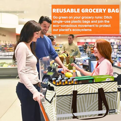 Extra Large Utility Tote Bag with Reflective Strip, Standing Reusable Grocery Bags with Hard Bottom, Collapsible Utility Tote with Handles for Shopping, Beach, Picnics, Car, Striped Gray - color: Twill Gray