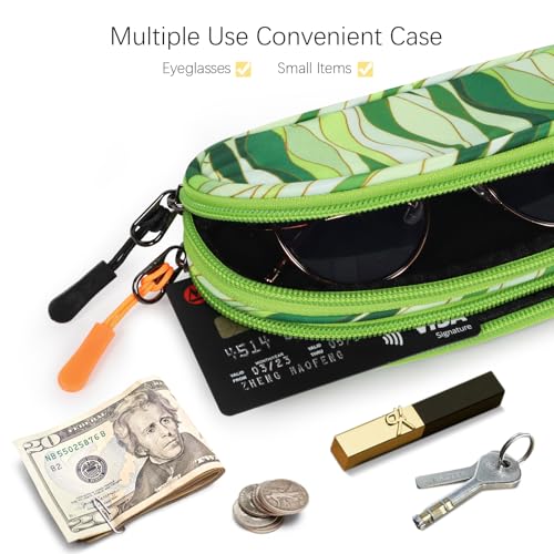Double Eyeglasses Case Soft Portable Zipper Sunglasses Pouch with Keychain Clip for Men Women - color: Green Wave