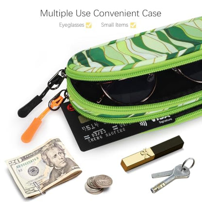 Double Eyeglasses Case Soft Portable Zipper Sunglasses Pouch with Keychain Clip for Men Women - color: Green Wave