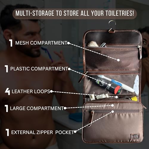 RUSTIC TOWN Leather Hanging Toiletry Bag for Men - Travel Shaving Dopp Kit - Bathroom Shower Toiletries Organizer - Leather Makeup Cosmetic Bag for Women - color: Walnut Brown