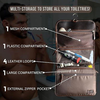 RUSTIC TOWN Leather Hanging Toiletry Bag for Men - Travel Shaving Dopp Kit - Bathroom Shower Toiletries Organizer - Leather Makeup Cosmetic Bag for Women - color: Walnut Brown