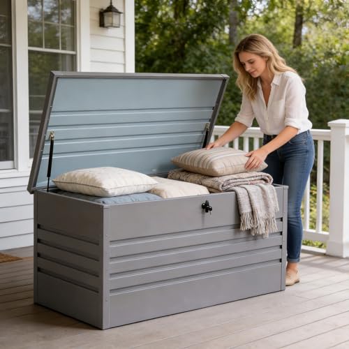 260 Gallon Metal Outdoor Deck Box, Waterproof Extra Large Patio Storage Box with Lockable Lid for Cushions, Pool Accessories, Garden Tools (Light Gray)