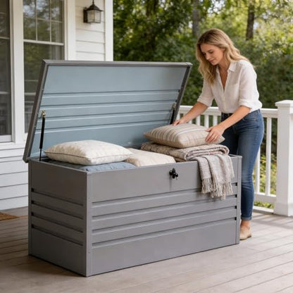 260 Gallon Metal Outdoor Deck Box, Waterproof Extra Large Patio Storage Box with Lockable Lid for Cushions, Pool Accessories, Garden Tools (Light Gray)