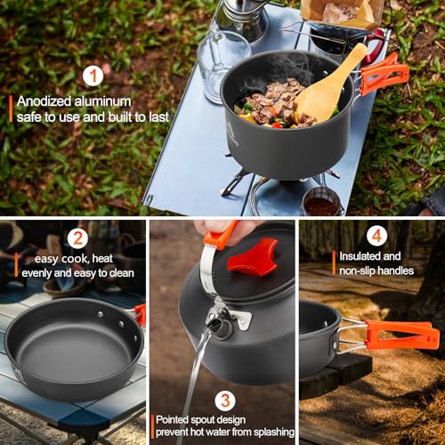 THTYBROS 17pcs Camping Cookware Kit, 0.45Gal Pot, 7inches Pan,0.30Gal Kettle Set with 2 Set Stainless Steel Cups Plates Forks Knives Spoons for Hiking - size: 17 PCS without Stove