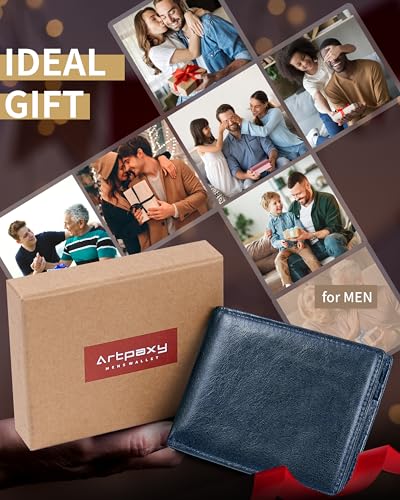 Artpaxy Mens Wallet Bifold Genuine Leather RFID Blocking Wallet for Men with 1 ID Windows 13 Card Holders 2 cash pockets 1 Gift Box - color: Navy Blue