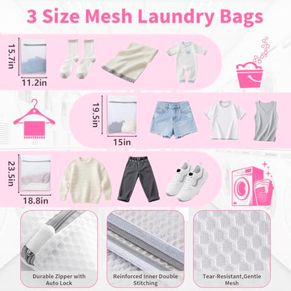 150L Laundry Bag Backpack with 3 Sizes Mesh Wash Bags and Shoulder Straps Foldable Clothes Hamper Bag with Drawstring Closure for College, Apartment, Laundromat(Pink) - color: Hot Pink