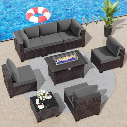 8 Pieces Outdoor Patio Furniture Set,Outdoor Sectional Furniture with 43" 55000 BTU Gas Propane Fire Pit Table,All Weather PE Rattan Wicker Patio Conversation Set,Grey - color: Grey, size: 8 Sofa Set w/Fire Pit