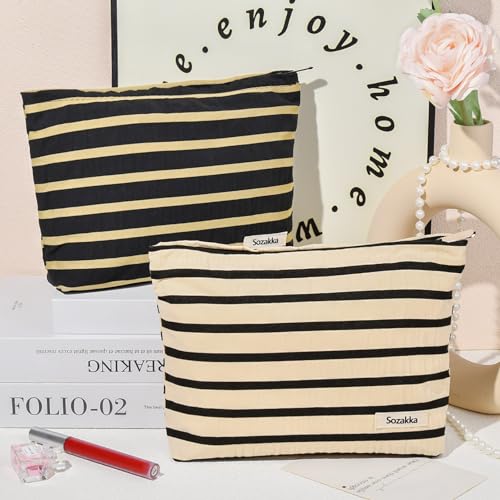 SOIDRAM 2 Pieces Makeup Bag Large Stripe Cosmetic Bag Capacity Canvas Travel Toiletry Bag Organizer Cute Makeup Brushes Aesthetic Accessories Storage Bag for Women, Stripe L Black White - color: Black& white stripe
