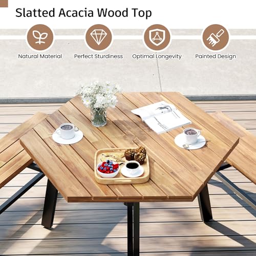 Tangkula 6 Person Acacia Wood Picnic Table, Outdoor Hexagonal Table and Bench Set with 3 Built-in Benches, Umbrella Hole & Metal Frame for Patio Backyard Garden Poolside