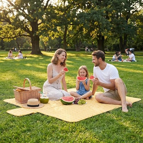 Loulangems Extra Large 2m x 2m Orange Plaid Picnic Mat, Sandproof Waterproof Outdoor Blanket, Orange Plaid Picnic Blanket for Campin and Hiking, Machine Washable