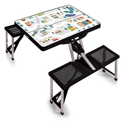 Picnic TIME Portable Folding Picnic Table with Seats for 4, Collapsible Aluminum Table with Benches & Umbrella Hole, Lightweight Foldable Table for Camping, Travel, Backyard, Tailgating | with Umbrella Hole - color: Play Town - Black