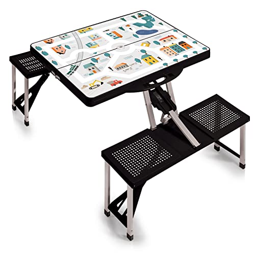 Picnic TIME Portable Folding Picnic Table with Seats for 4, Collapsible Aluminum Table with Benches & Umbrella Hole, Lightweight Foldable Table for Camping, Travel, Backyard, Tailgating | with Umbrella Hole - color: Play Town - Black
