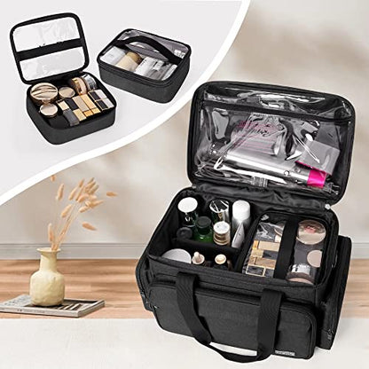 BAFASO Large Makeup Bag with 2 Removable Pouches and Detachable Dividers, Multifunctional Cosmetic Bag to Keep Makeup and Hair Supplies (Patent Pending), Black - color: Black