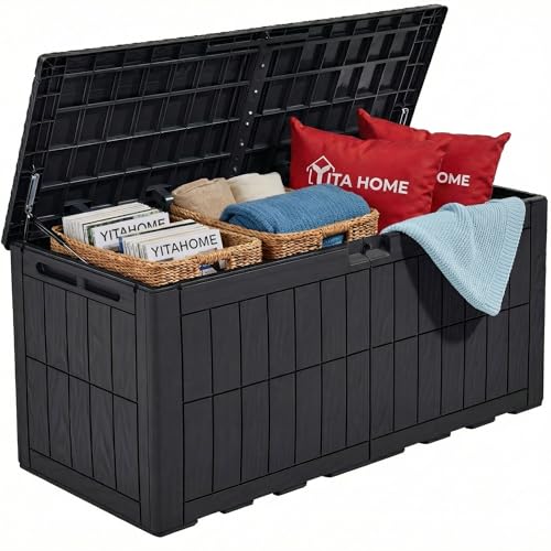 YITAHOME 110 Gallon Outdoor Deck Box, Waterproof Resin Storage Box with Lock, Lockable Patio Furniture Bin, 2-Person Bench Seating for Outdoor Cushions, Garden Tools & Sports/Pool Supplies, Black - color: Black, size: 110 Gallon