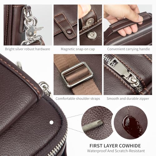 Augus Leather Small Messenger Bag For Men Crossbody Handbag Shoulder Sling Travel Bags for Men Purse Daypack Magnetic Buckle - color: Dark Brown