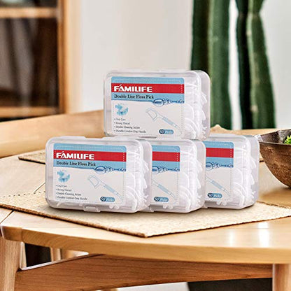 FAMILIFE Dental Floss Picks, Double Line Flossers 200 Count, Unwaxed Flossing Thinner and Tougher Unflavored Threader Flosser with 4 Travel Cases - color: Double Line 200 Pcs