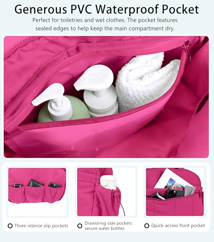 Lightweight Travel Duffle Bag for Women, Quilted Puffy Weekender with Wet Pocket for Gym, Overnight, Personal Item Carry On, Rose Red - color: Rose Red