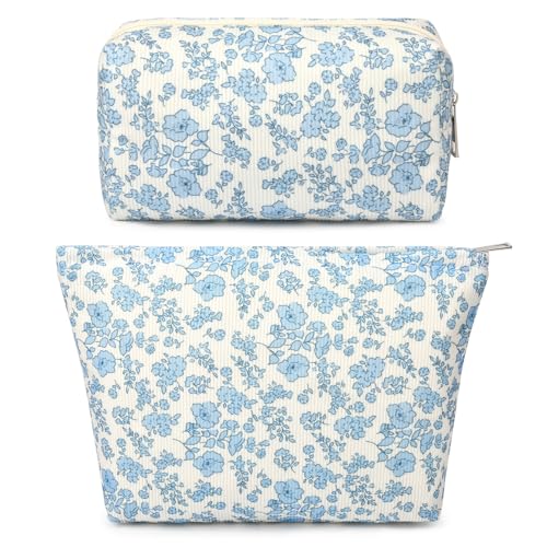 SOIDRAM 2 Pcs Makeup Bag Large Cosmetic Bag Toiletry Bag Makeup Pouch Travel Bag Organizer Cute Makeup Brushes Aesthetic Accessories Storage Bag for Women Blue Floral - color: Blue Floral