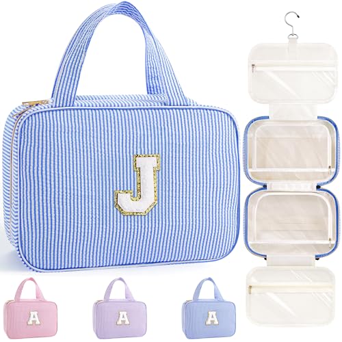 TOPEAST Travel Toiletry Bag Makeup Bag - Hanging Toiletry Bag for Women, Portable Toiletries Travel Bag and Cosmetic Bag, Airplane Travel Essentials Travel Toiletry Bag - Letter J, Blue - color: Blue, style: J