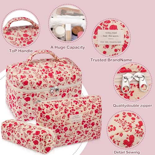 Gosect 3pc Makeup Bag Set, Quilted Makeup Bag Set, Large Floral Cosmetic Bag for Women, Cute Cotton Makeup Bags, Flower Travel Toiletry Organizer Bag (Bright Pink) - color: Bright Pink