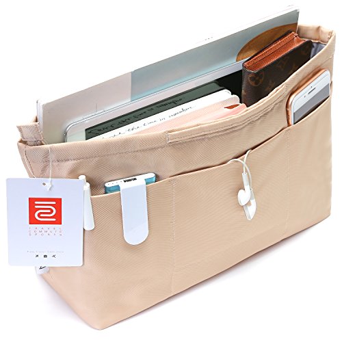 iN. Purse Organizer Insert with zipper, Nylon fabric Storage Bag with handles, for womens Handbags & Tote bags, neverfull, lightweight small sized Beige - color: Beige, size: Small: 13"(Top)/8.7"(Bottom) L × 4.7"W × 7.5"H