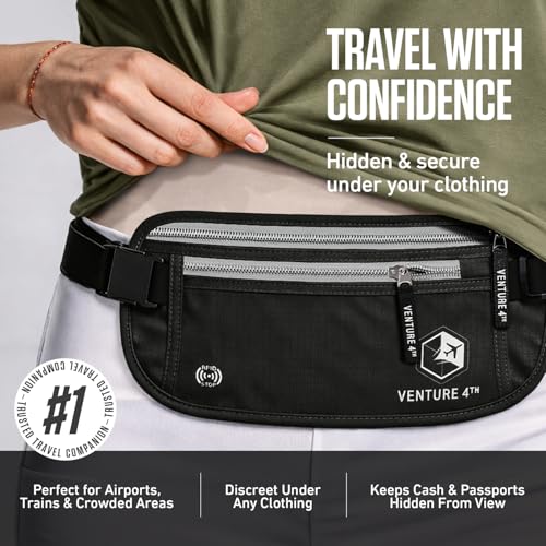 VENTURE 4TH Money Belt for Travel – Slim Hidden Under-Clothes RFID Blocking Anti-Theft Passport Holder & Travel Wallet Pouch for Men & Women to Protect Cash, Cards & Documents (Black) - color: Black
