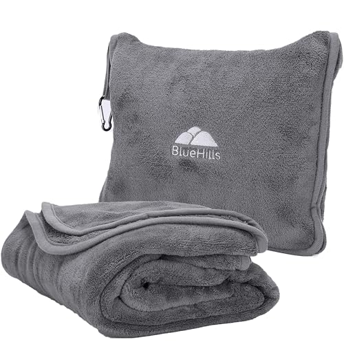 BlueHills Premium Soft Long Travel Blanket Pillow for Tall Airplane Flight Blanket Throw in Soft Bag case with Hand Luggage Belt & Backpack Clip Compact Pack Large Grey Gray T052 - color: Gray-long-t052