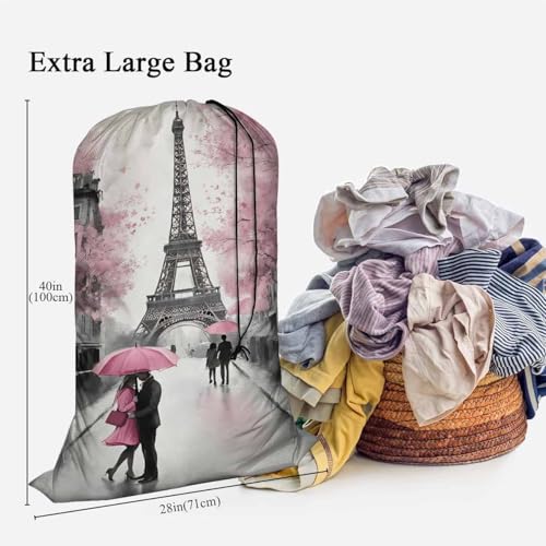 Swono Paris Heavy Duty Laundry Drawstring Bag with Strap, European City Landscape Eiffel Tower 28 x 40 Inches Travel Dirty Clothes Bag for Laundromat and Household, Oil Painting - color: Paris
