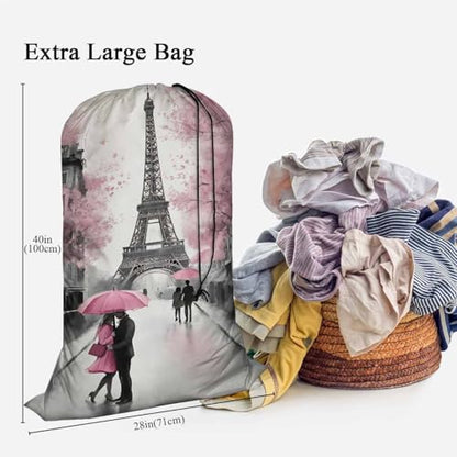 Swono Paris Heavy Duty Laundry Drawstring Bag with Strap, European City Landscape Eiffel Tower 28 x 40 Inches Travel Dirty Clothes Bag for Laundromat and Household, Oil Painting - color: Paris