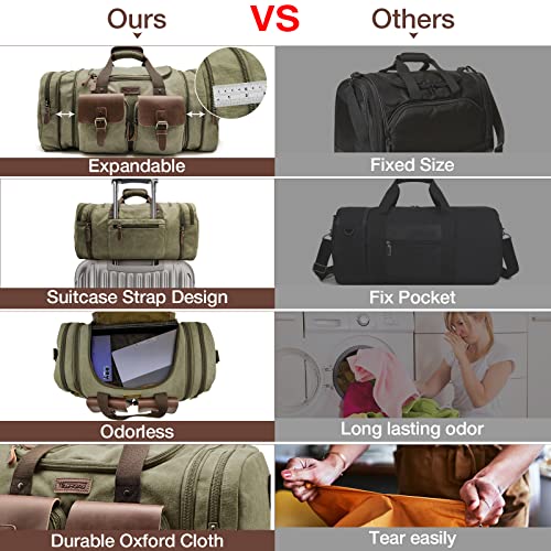 Wildroad 50L Travel Duffel Bag, Expandable Canvas Genuine Leather Duffle Bag Upgraded Overnight Weekender Carry on Bag - color: Army Green, size: Large-50L Duffle Bag