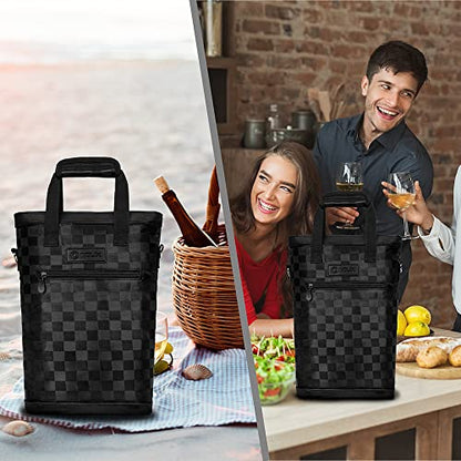 opux Two Bottle Wine Bag Carrier Tote, Insulated Leakproof 2 Bottle Wine Cooler Bag for Travel BYOB Picnic, Portable Wine Case, Gift for Men Women Wine Lover Birthday Party Christmas, Checker Black - color: Black Square