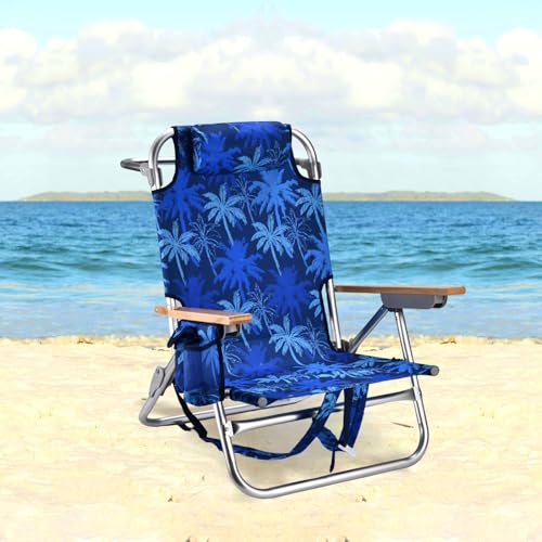 Backpack Beach Chairs for Adults Capacity 300 LBS Low 5 Position Beach Chair with Pouch Straps Folding Lightweight Reclining Aluminum Wide Lay Flat Single - color: 10in Wood Blue Leaves 1 Pack