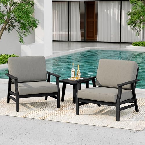 3 Piece Wood Patio Chair Outdoor Bistro Set, Outdoor Armchair All Weather Patio Sofa Furniture Backyard Conversation Sets with Dark Wooden Side Table, Light Camel - color: Light Camel/Dark, size: 3PCS