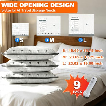 Travel Vacuum Storage Bags with Electric Pump, 9 Pack Vacuum Seal Bags for Clothing Travel, Portable Carry-on Luggage Compression Bag - size: 9 Combo Travel Sizes