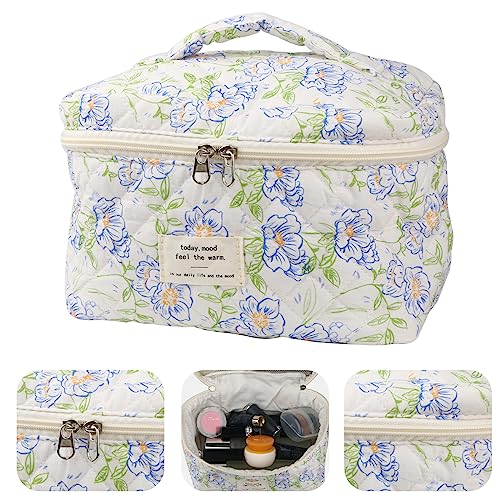 NATINSA Cute Makeup Bag for Women(2 Pcs), Travel Cosmetic Bags, Quilted Coquette Aesthetic Floral Toiletry Organizer Bag (Blue Flower) - color: Blue Flower