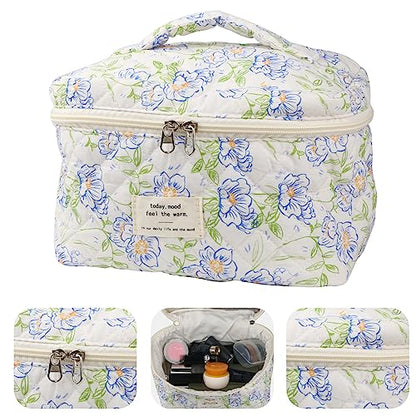 NATINSA Cute Makeup Bag for Women(2 Pcs), Travel Cosmetic Bags, Quilted Coquette Aesthetic Floral Toiletry Organizer Bag (Blue Flower) - color: Blue Flower