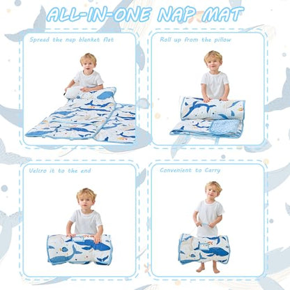 Lasoftan Toddler Nap Mat with Pillow and Blanket, Extra Large Rolled Napping Mats,Slumber Bags for Boys Girls,Kids Sleeping Bag for Daycare, Preschool Travel Camping - color: Ocean Whale